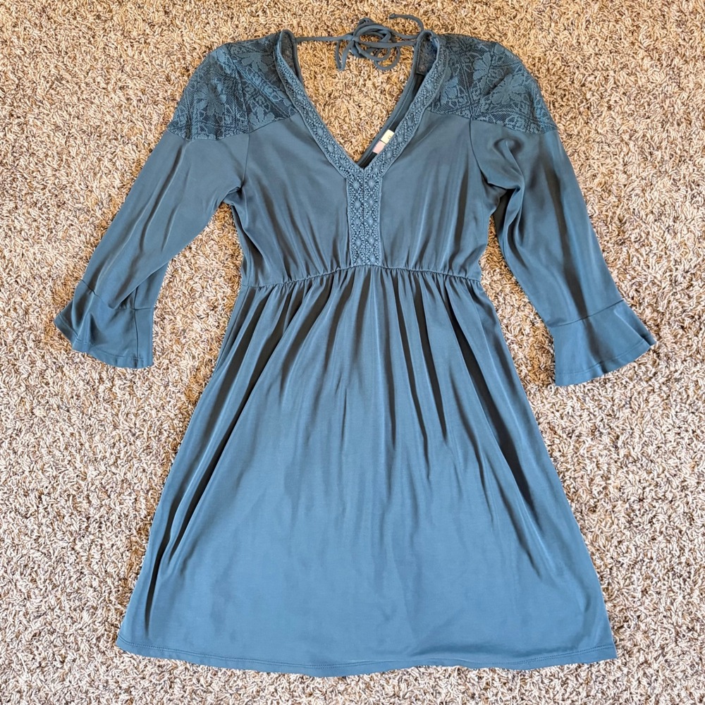 Alya Womens Teal Blue Lace Shoulder Bell Sleeve Empire Waist Mini Dress XS